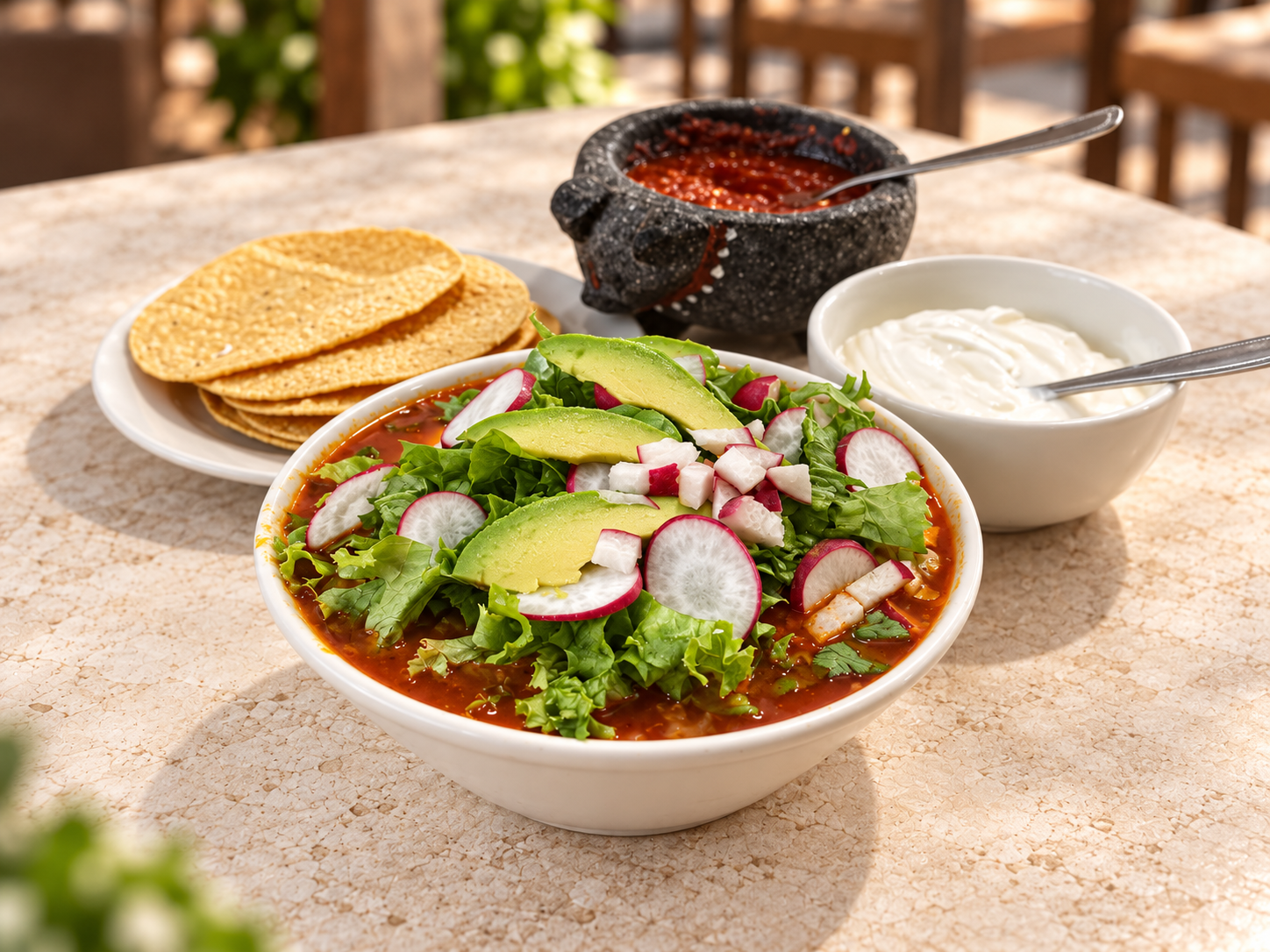 Pozole de La Cazuela de Consuelo acompañado de tostadas, salsa de molcajete y crema